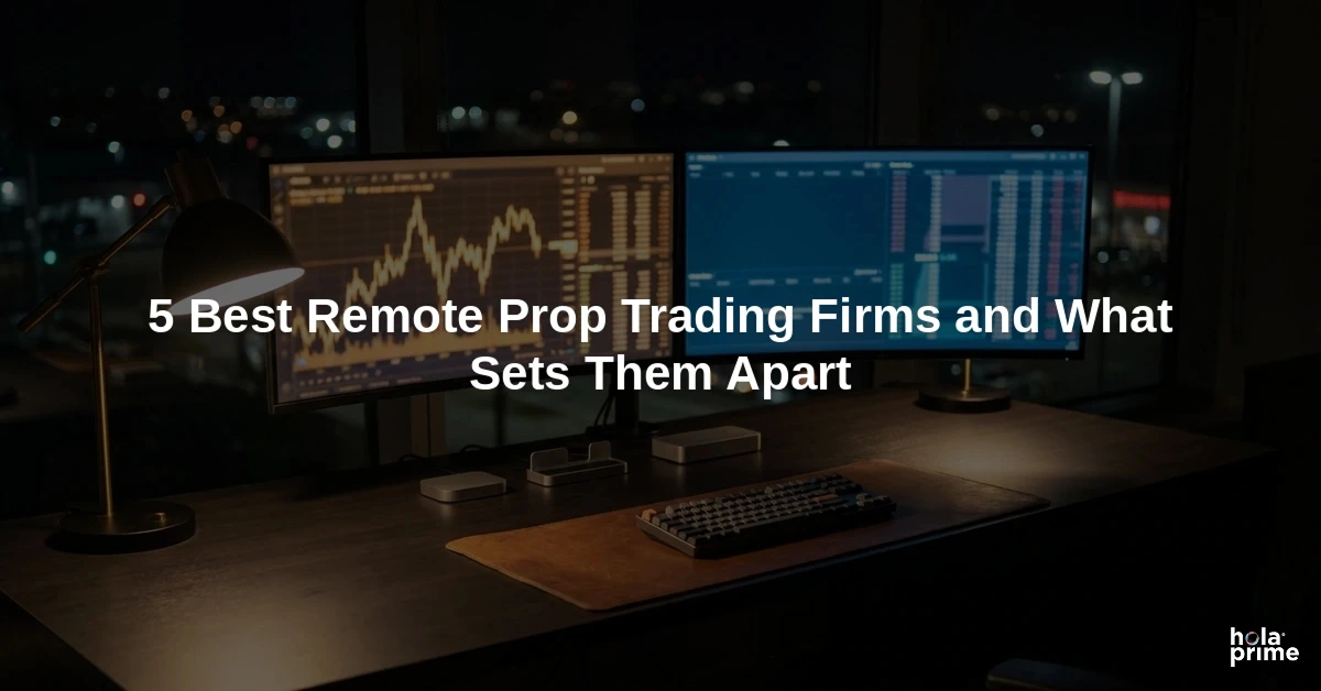 Modern trading workstation with dual monitors displaying financial charts and market data.
