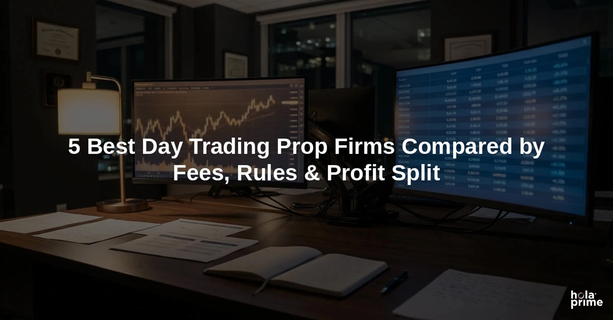 Trading desk with multiple monitors displaying stock market charts and data.