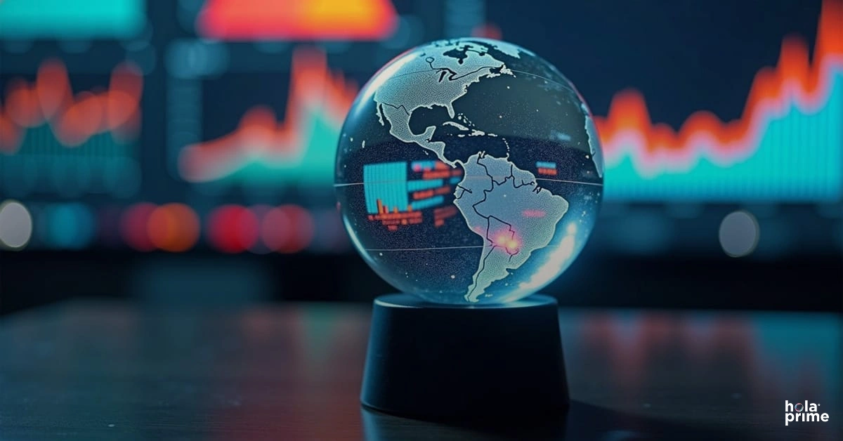 Glowing globe on a trading desk with financial charts in the background.