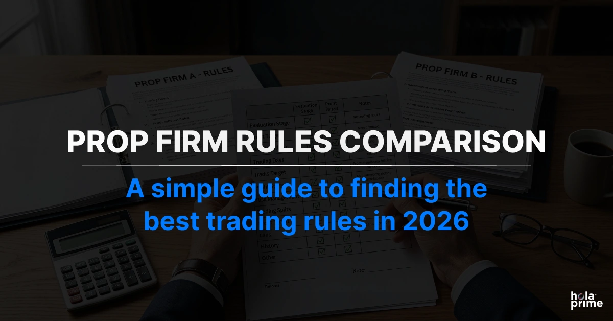 Infographic with title, 'Prop Firm Rules Comparison: A Simple Guide to Finding the Best Trading Rules in 2026.