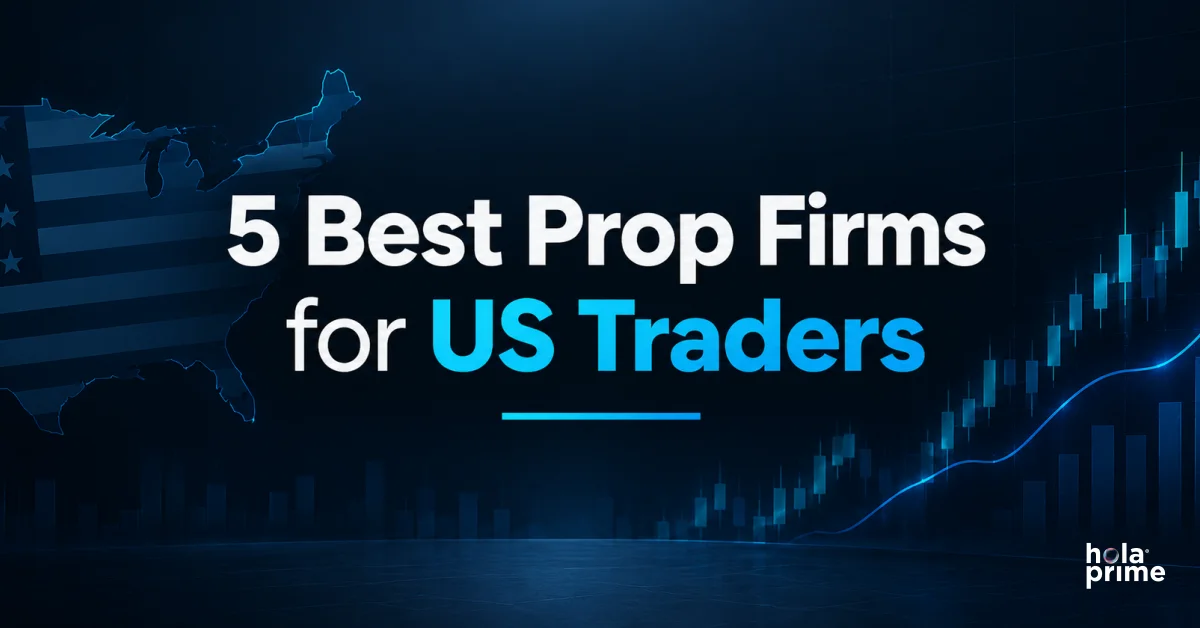 5 Best Prop Firms for US Traders – dark blue trading background with US map, financial candlestick charts, and an upward-trending market graph.
