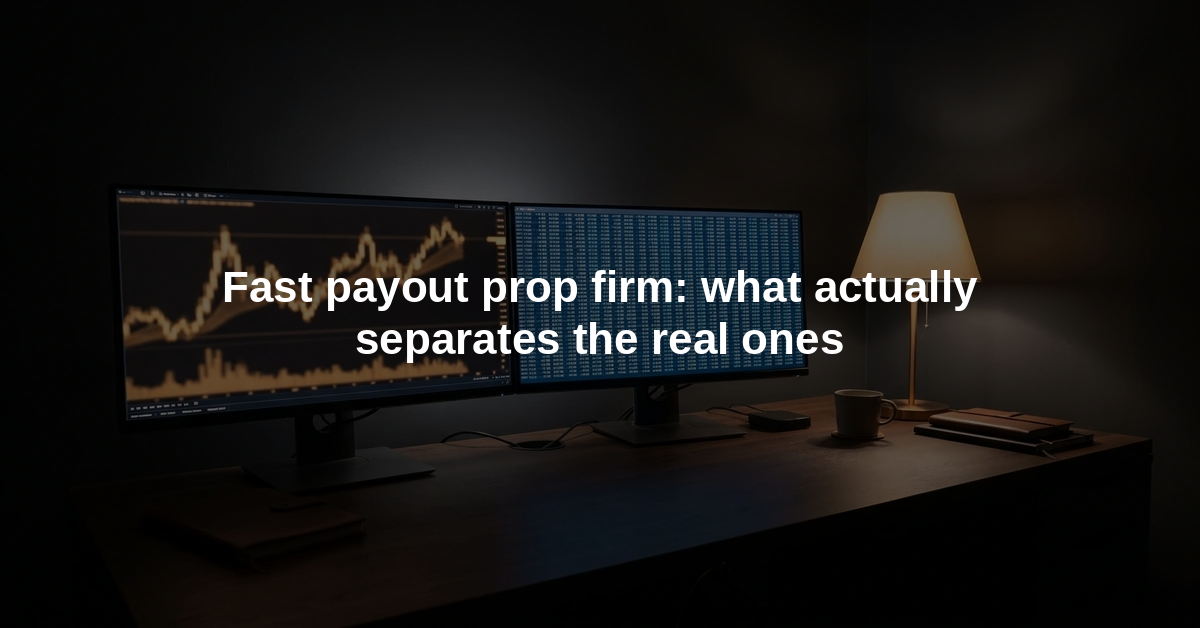 Trading desk with market charts and the headline “Fast payout prop firm: what actually separates the real ones.